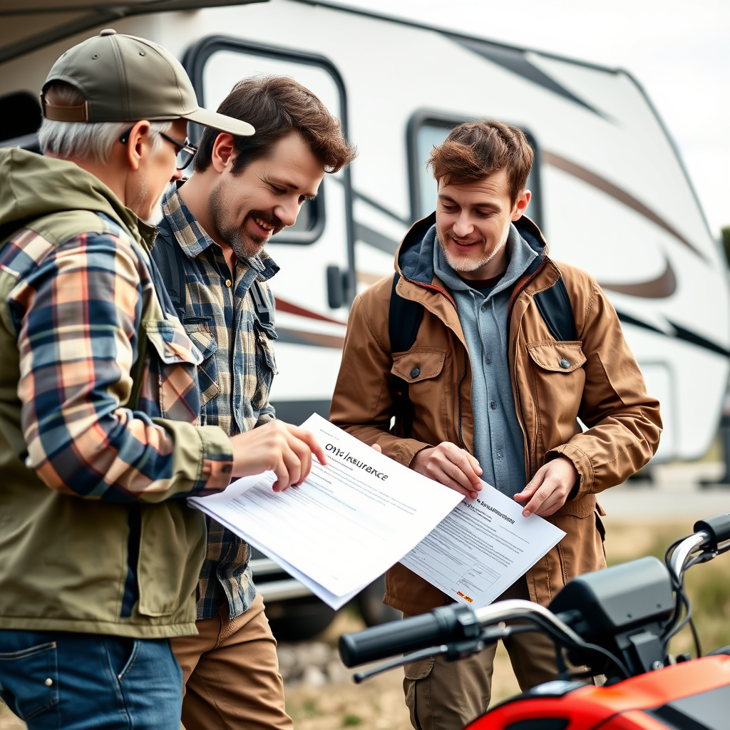 Insurance agent reviewing toy hauler coverage documents with owners at a campsite