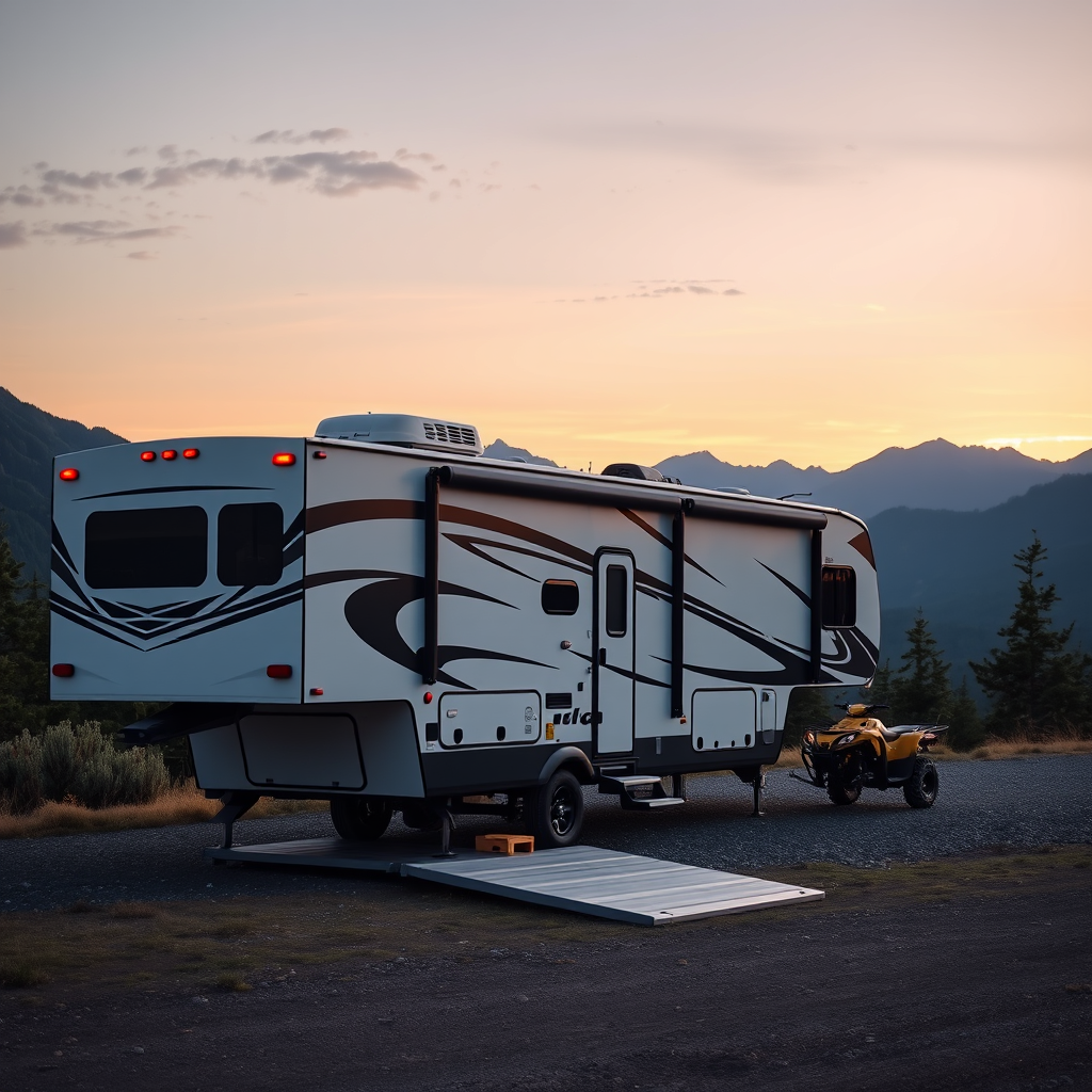 Fifth wheel toy hauler RV at a mountain campsite with an ATV on the ramp, golden hour