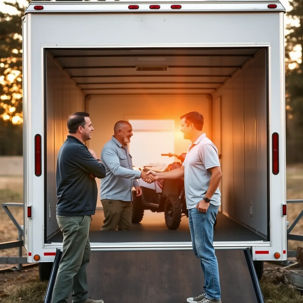Toy hauler owners shaking hands with their insurance agent in the open trailer garage